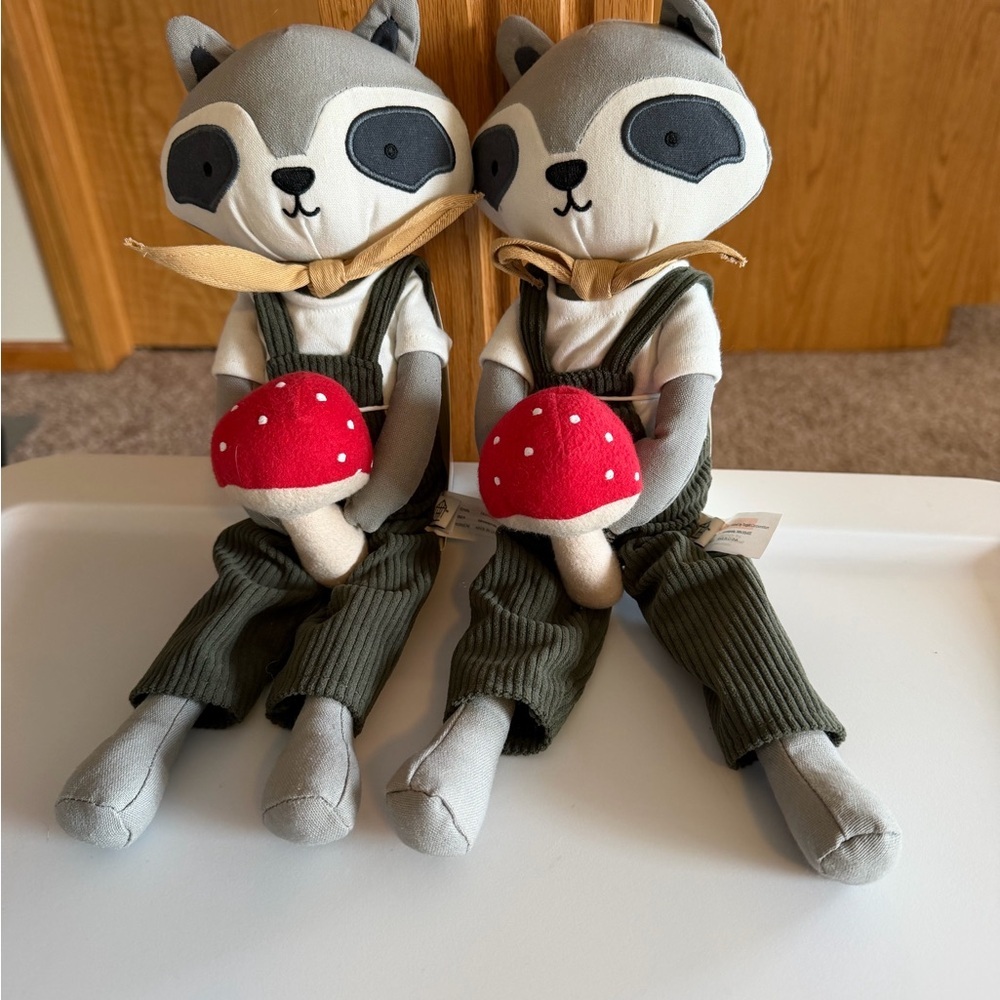 Pair of Gray‎ Raccoon Plush Dolls with Red Mushroom
